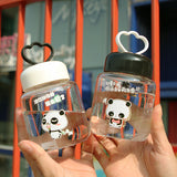 新款高硼硅可爱提绳喝水杯子卡通熊猫时尚玻璃杯少女学生网红水瓶 320ml 多款混发